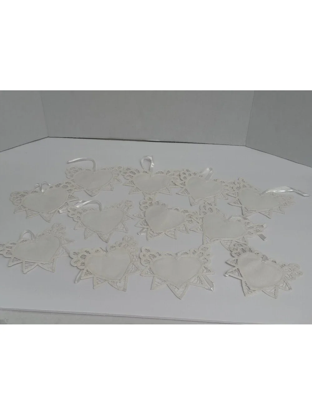 Antique VTG Handmade Heart Lace Linen Doilies Cut Work Set 12pc